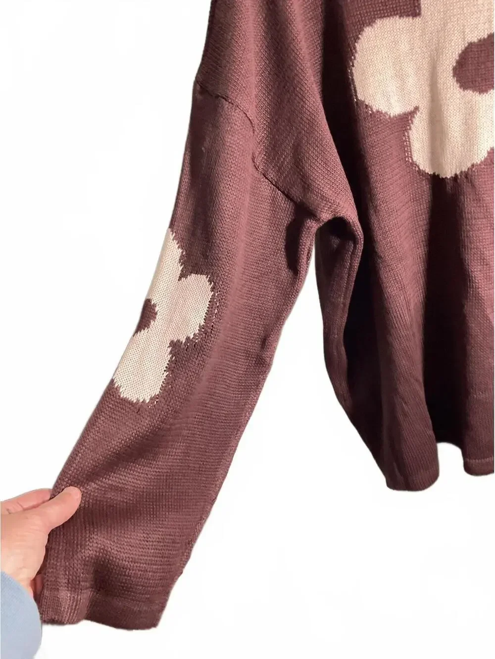 Lightweight Brown Open Knit Sweater with Tan Flower Design 3X Oversized